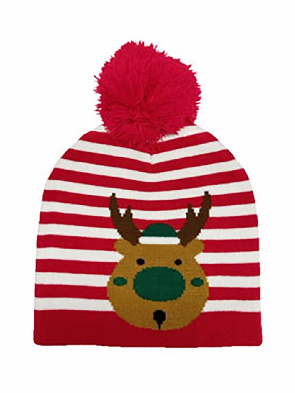 Striped Reindeer Pom Beanie Hat - Red OR Green